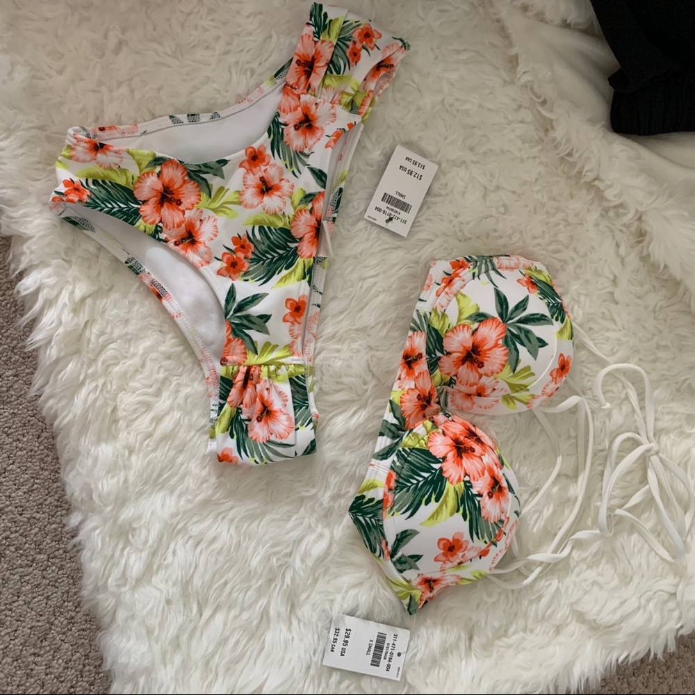 Hollister White Floral Bikini Set with Orange Hibiscus and Green Leaves